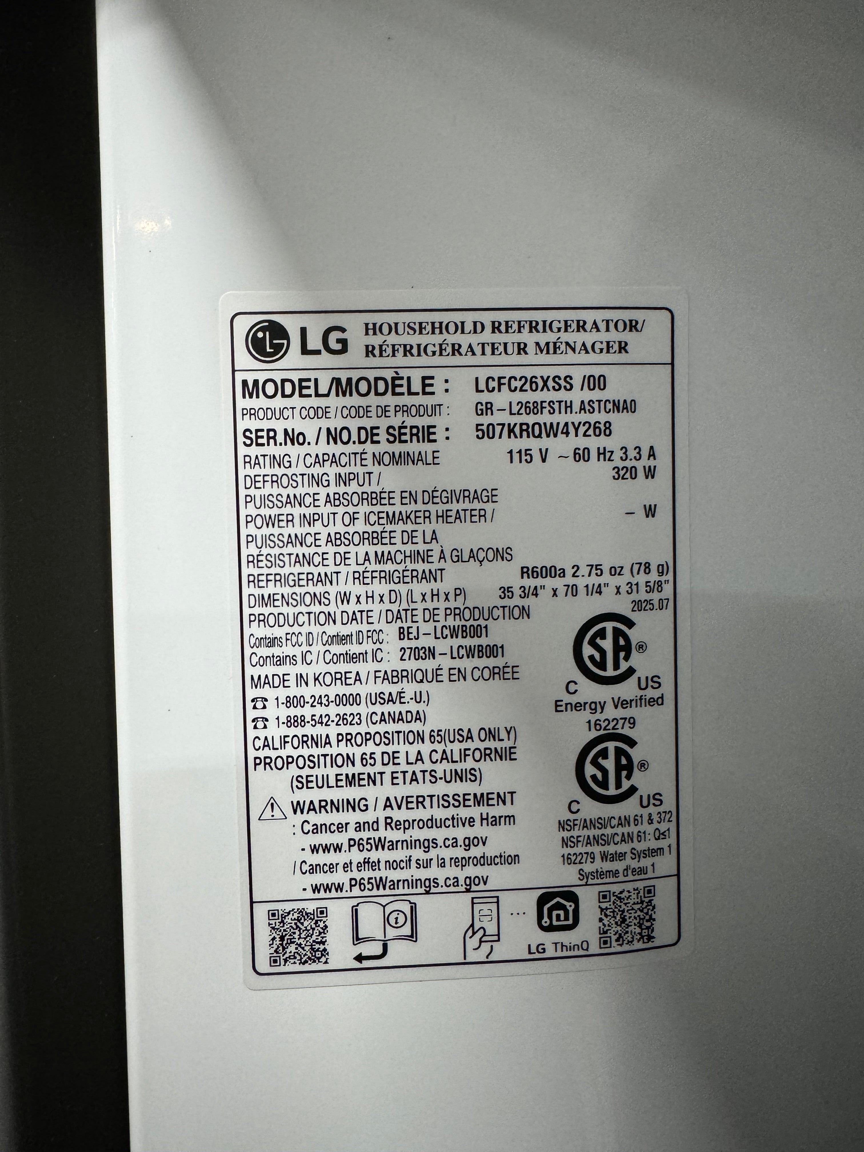 LG 26 Cu.Ft. Refrigerator/Freezer