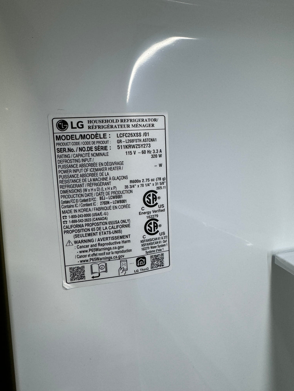 LG 26 Cu.Ft. Refrigerator/Freezer