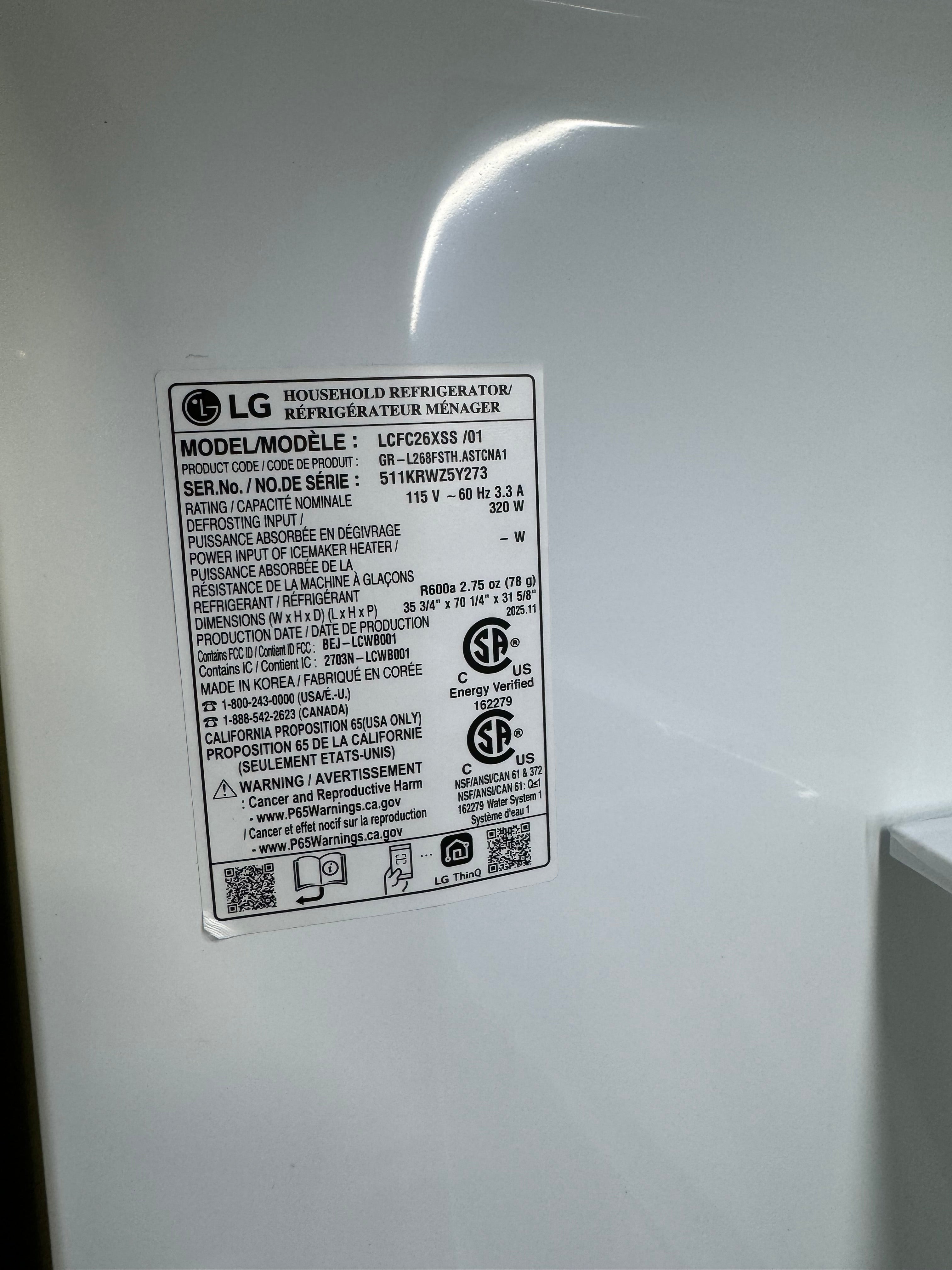LG 26 Cu.Ft. Refrigerator/Freezer