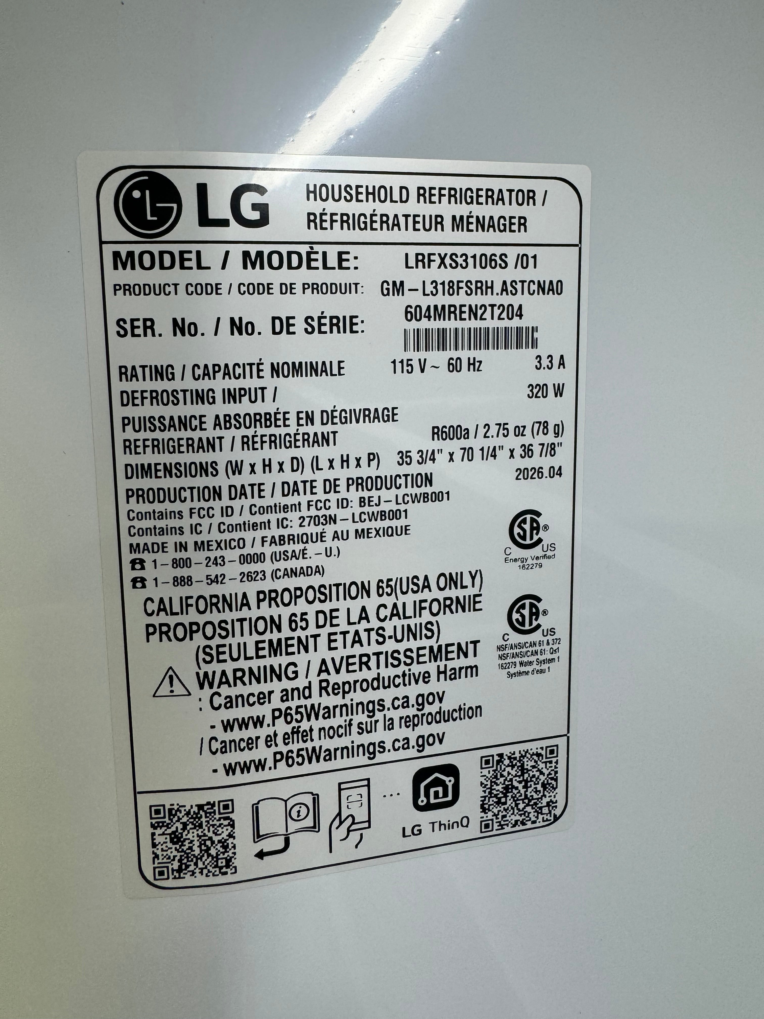 LG 31 Cubic ft. Refrigerator/Freezer