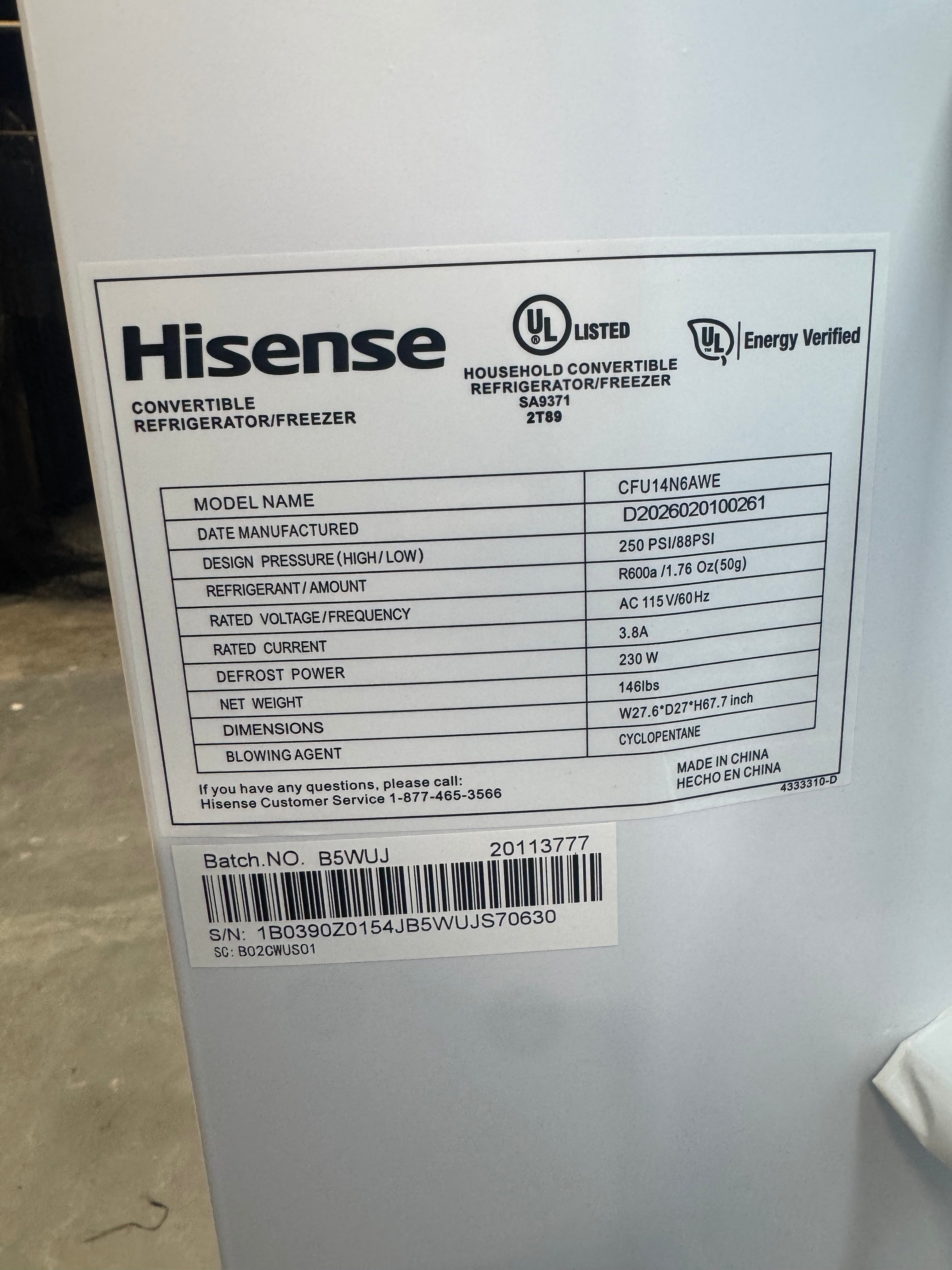 Hisense 17.1 Cubic ft. Convertible Freezer/Fridge