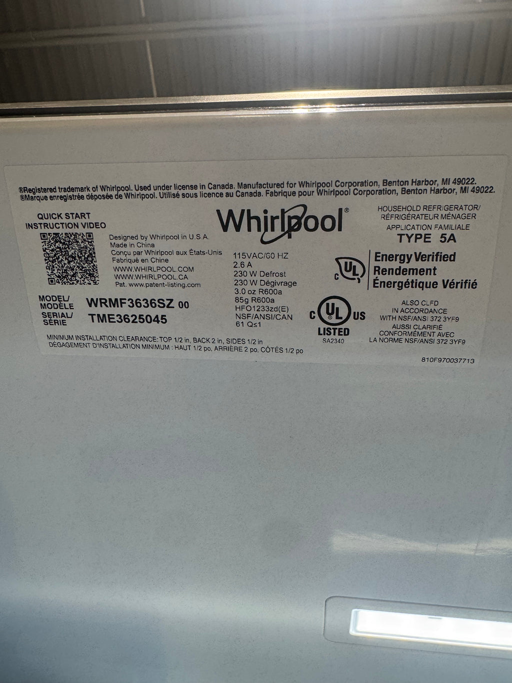 Whirlpool 29 Cubic ft. refrigerator/freezer